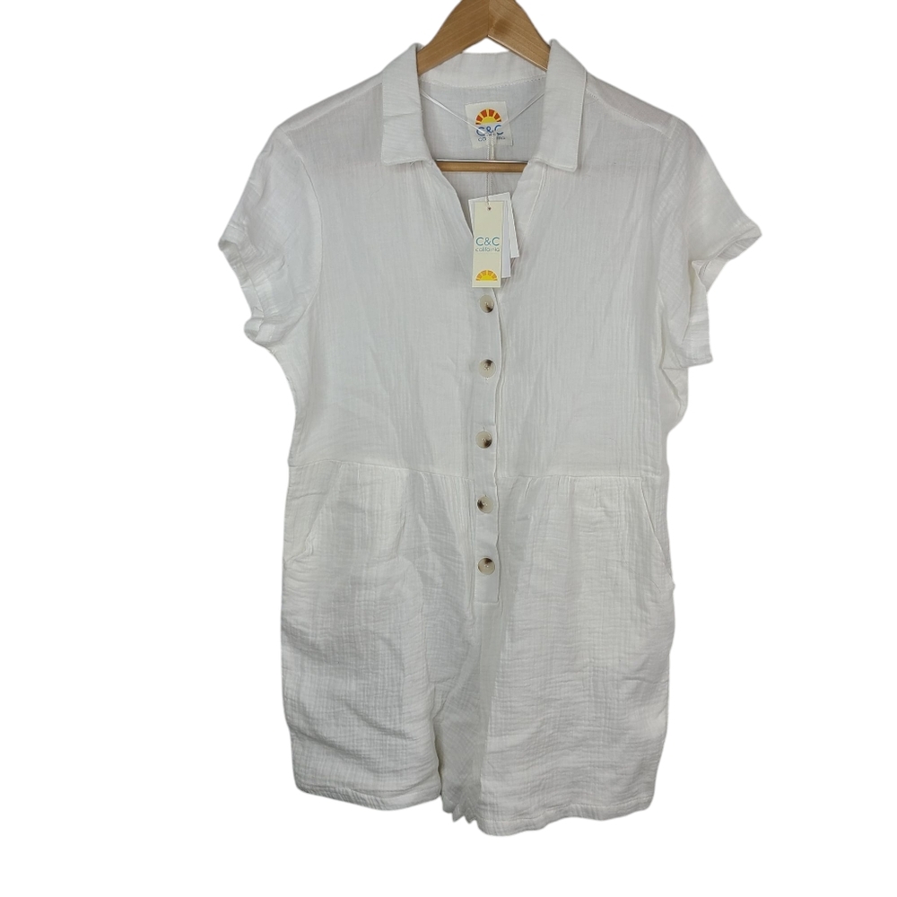 C & C California White gauzy button-up romper with pockets size large